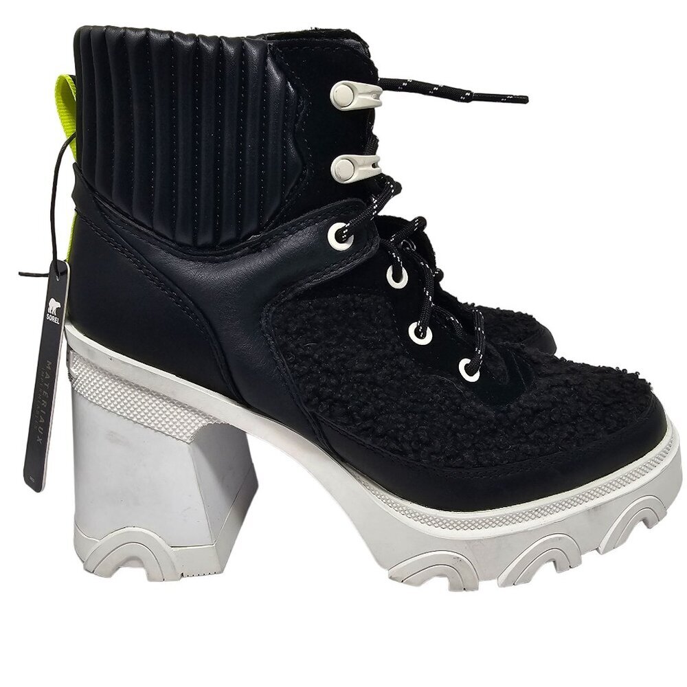 Sorel Brex Heel Cozy Boot Black Sea Salt Chunky Faux Fur Leather Womens Size 7.5 - Picture 3 of 7